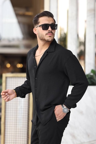 Tex Republic Erkek Siyah Rahat Kesim Dokulu Oversize Salaş Aerobin Gömlek Siyah