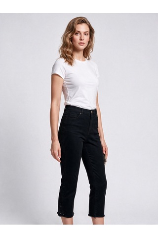 Seleste Kadın Yüksek Bel Düz Kesim Püsküllü Paça Crop Denim Pantolon Siyah