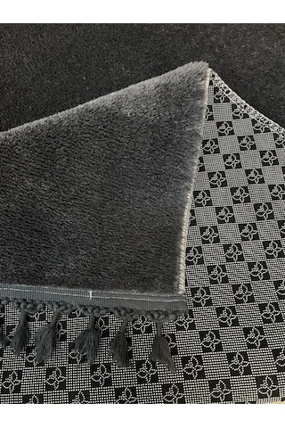 Puffy Gri Oval Örgü Saçaklı Peluş Yumuşacık Yıkanabilir Kaymaz Taban Halı Salon Oturma Odası Antrasit