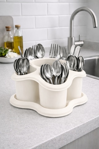 Mutfak Tezgah Üstü Kaşıklık Ve Düzenleyici 5 Bölmeli Çok Amaçlı Plastik Organizer Papatya 16x16cm Bej