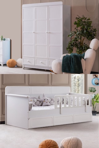 Mira Çocuk Odası Takımı, Mira Yavrulu Karyola, Berlin 3 Kapaklı Dolap - Beyaz Renkli