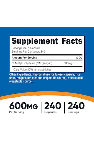 Nutricost N-acetyl L-cysteine N.a.c 600mg 240 Vegetarian Caps Aromasız