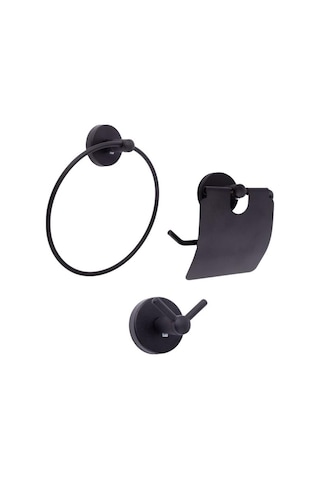 Vidalı Lavabo Banyo Wc Bez Havlu, Çatal Askı Ve Tuvalet Kağıtlık 3'lü Set Siyah Metal Siyah
