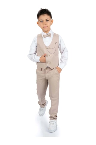 Mnk Baby & Kids Erkek Çocuk 6 Düğme Yelekli Özel Gün Takım Elbise M00834 Bej