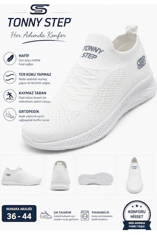 Tonny Step Çorap Ayakabı Triko İnce Hava Alan Oetopedik Hafif Terk Koku Yapmaz Günlük Sneaker Spor Ayakkabı Beyaz-beyaz