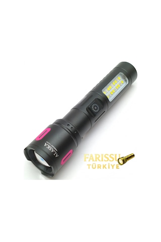 Alaska Şarjlı Led El Feneri 1500 2000 Lümen Zoomlu 500 600 M Çift Işık Modlu Type-c Şarjlı Siyah