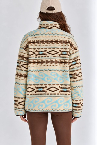 Mevese Desenli Dik Yaka Cepli Biyeli Kadın Polar Sweatshirt - Krem-kahverengi