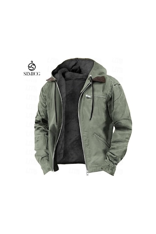 Düz Renk Kapüşonlu Pamuklu Gündelik Erkek Fermuarlı Cepli Ceket Yeşil