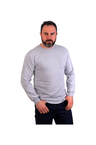 Eser - Bisiklet Yaka Sweatshirt - Cepli - Melanj Gri