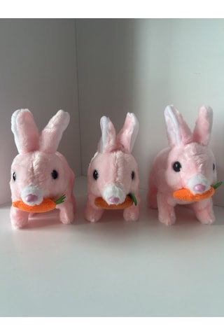 Sesli Hareketli Zıplayan Işıklı Peluş Tavşan Oyuncak Pembe Havuçlu, Elektrikli Çocuk Hediyesi 3+ Yaş Diğer