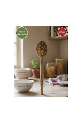 Kamptek Ahşap - %100 Doğal Zeytin Ağacı Delikli Mutfak Kaşığı 30 Cm Ahşap