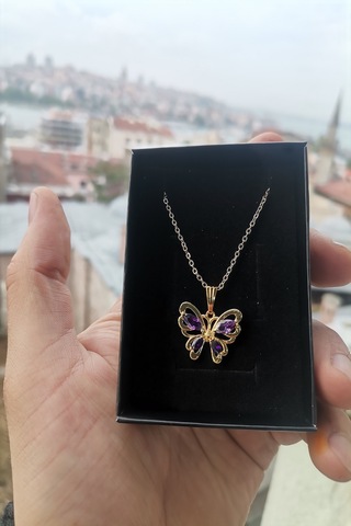 Ervanur Altın Kaplama Mor Zirkon Taşlı Kelebek Kolye Altın