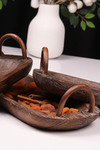 Bambum 3 Parça Pavlonya Deepwood Ahşap Sunum Seti Kulplu Dikdörtgen Servis Tabakları Ahşap