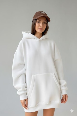 Afri Kadın Oversize Beyaz Sweatshirt 3 İplik Şardonlu Kapüşonlu Cepli Rahat Kalıp Beyaz