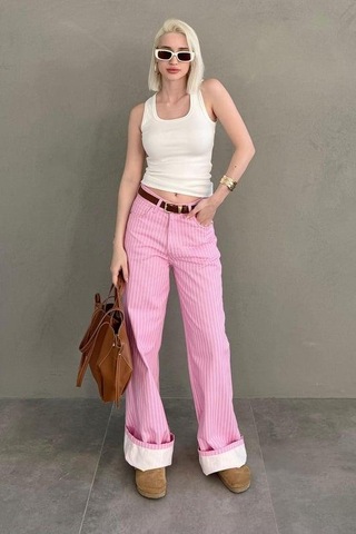 Seeh Pembe Çizgili Kadın Jean Pantolon Sh315