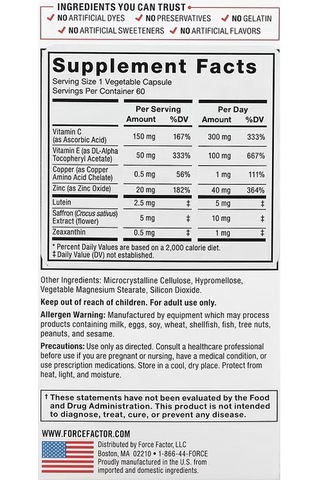 Force Factor Eye Health Lutein Zeaxanthin Saffron Copper 60 Vegetable Caps