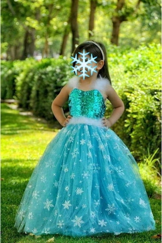 Parti Selesi Elsa Kostümü - Frozen Elbise - Askılı Tarlatanlı - Eldiven Taç Asa Kostüm Mavi