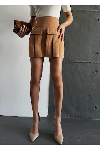 Kadın Camel Kargo Cep Detaylı Pileli Mini Etek-camel Camel