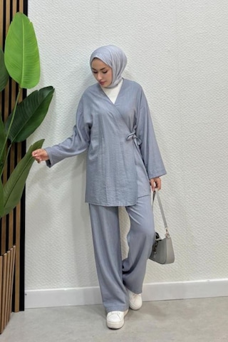 Zerogaprıse Kadın Çapraz Bağlamalı Keten Kimono Tesettür Pantolon Takım Gri