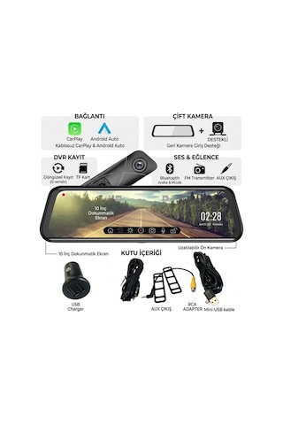10 İnç Dokunmatik Ekranlı Dikiz Aynası Araç Kamerası Kablosuz Carplay Android Auto Bluetooth Fm Ön Yol Kayıt Cihazı Geri Kamera Destekli Twogo Go-i990