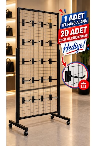 Tekerlekli Sık Telli Tel Raf - Tel Pano Stand, Duvar Askılığı-20 Adet 20 Cm Tel Pano Kanca Hediyeli 90 x 190 CM
