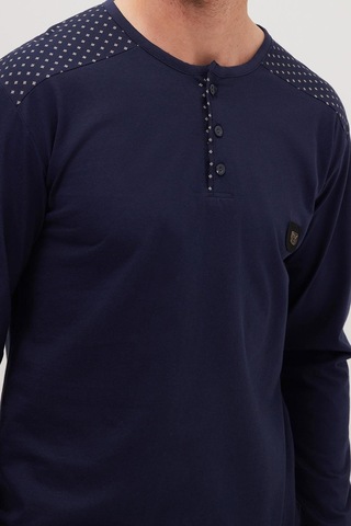 Tudors Erkek Standart Fit Normal Kesim %100 Pamuk Bisiklet Yaka Beli Lastikli Lacivert Pijama Takımı-37946 Lacivert