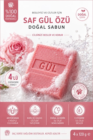 Saf Gül Özlü Gül Sabunu 4 Lü Paket 4 X 120 G Doğal Kaynaklı El,