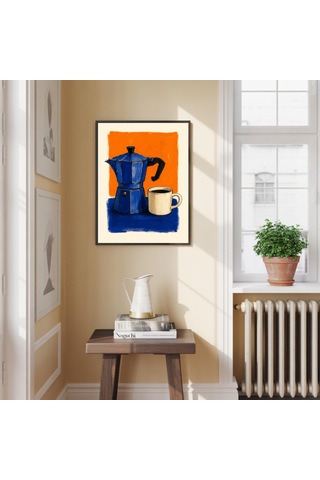 Moka Pot Kahve Sanat Baskıları Mavi Ve Turuncu İtalyan Espresso Seti 2 Adet