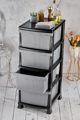 Line Komidin - 4 Katlı Çekmeceli Çizgili Plastik Komidin - Sebzelik - Çekmece Siyah