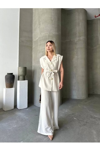 Keten Sıfır Kol Kuşaklı Ceket Pantolon İkili Takım - Beyaz Beyaz
