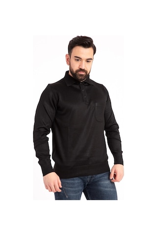 Nacar Store Erkek Siyah İnce Yün Triko Örgü Polo Yaka Baba Kazak