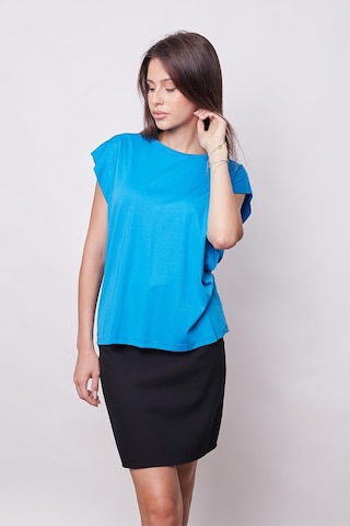 Jument Şık Likralı Span Kumaş Kolsuz Geniş Sıfır Yaka Düşük Omuzlu Basic Tshirt Bluz-mavi Mavi