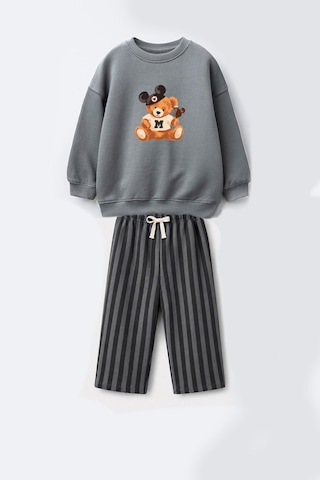 Monila Erkek Çocuk Antrasit Ayıcık Baskılı Sweatshirt Ve Çizgili Eşofman Alt Üst Takım