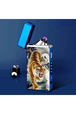 Techbloom Blue Eagle Kişiselleştirilebilir Led Ekranlı Rüzgar Geçirmez Çift Arklı Alevsiz Usb Şarjlı Elektrikli Çakmak Açık Gri