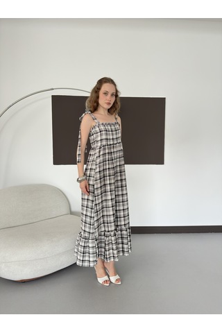 Verymoda Kadın Ekose Desenli Askı Bağlama Detaylı Maxi Elbise Siyah