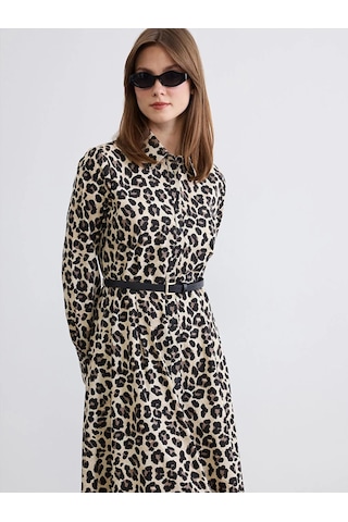 LC Waikiki Kahverengi Leopar Desenli Kemerli Poplin Gömlek Elbise