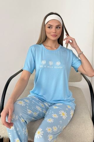 Giysa Kadın Bisiklet Yaka Desenli Kısa Kollu Pijama Takımı Mavi - 26y 2601
