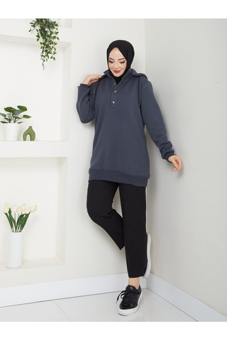 Raika Moda Kapşonlu 3 İplik Büyük Beden Tesettür Sweatshirt Antrasit