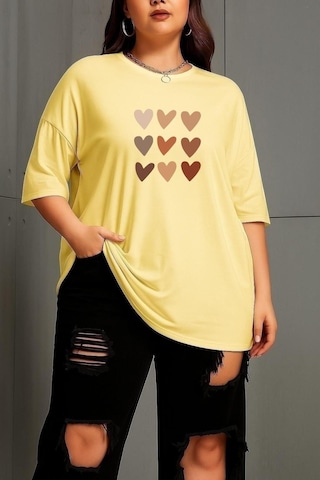 Büyük Beden Sıralı Kalpler Baskılı Unisex Tişört Sarı