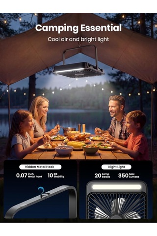 Warmco 20000mah 8 İnç Taşınabilir Kamp Fanı, 48 Saat Maksimum Çalışma Süresi, Led Işık, Sessiz İnce Pille Ça