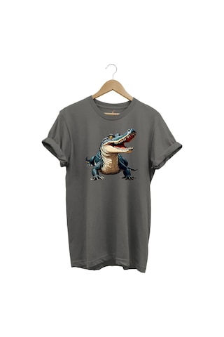 Timsah Baskılı %100 Pamuk Regular Fit T-shirt Gri