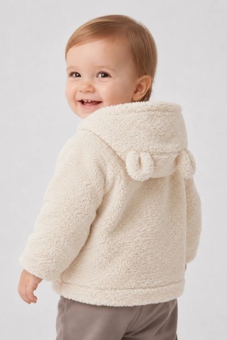 Wofim Kids Bebek Kapüşonlu Peluş Mont Ekru