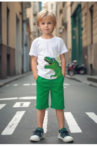 Fyk Kids Gözlüklü Dinazor Baskılı Erkek Çocuk Alt-Üst Takım - Yeşil