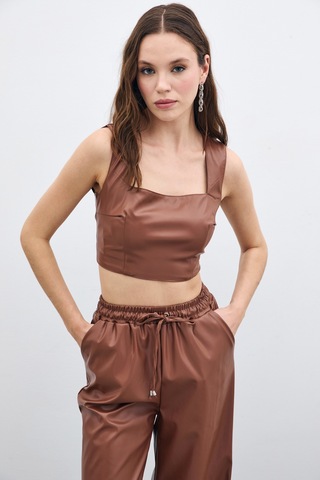 Sateen Kare Yaka Deri Crop - Kahve-135668 Kahve