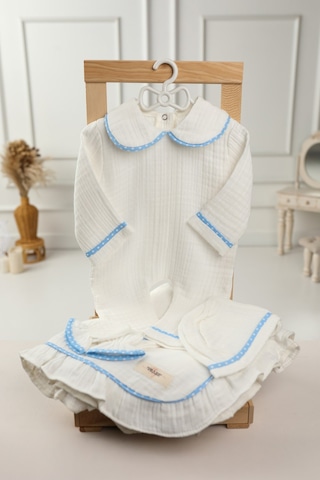 Tlyhometextiles 4 Lü Müslin Hastane Çıkışı Seti Mavi Puantiyeli %100 Pamuk, 0-3 Ay