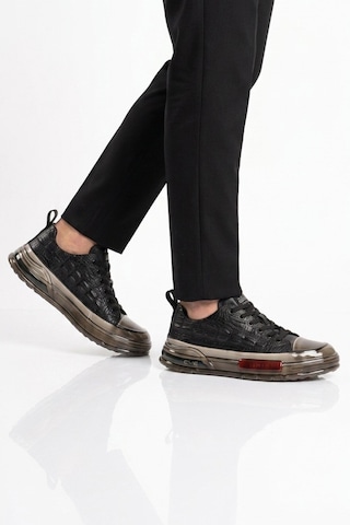 Voyager Siyah Hakiki Deri Kroko Desenli Kalın Taban Erkek Casual Ayakkabı Sneaker E058 M