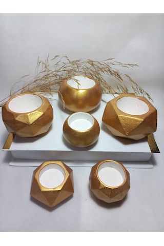 Antiquity Gold Ev Ve Ofis Aksesuarı Sukulent/kaktüs Saksı, Mumluk Set Dekoratif Obje 6 Parça Gold