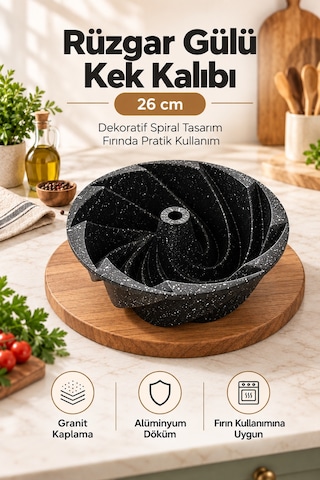 Kochler Rüzgar Gülü 26 Cm Granit Kaplamalı Alüminyum Döküm Kek Kalıbı Siyah