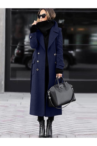Kadın Sonbahar Ve Kış Yün Palto Koyu Mavi