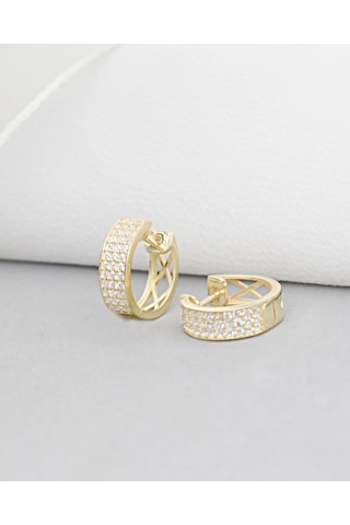 Brezza Lusso Jewelry 18k Serie Oro 3 Sıra Yarımtur Halka Minimal Gümüş Küpe 14 Mm